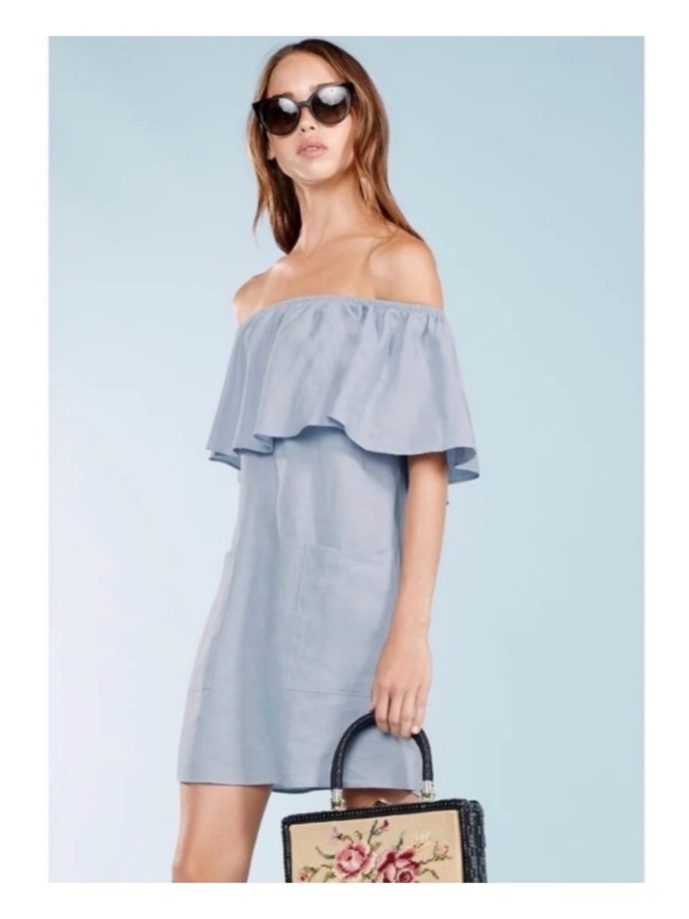 Reformation Light Blue Off-Shoulder Liner Mini Dress